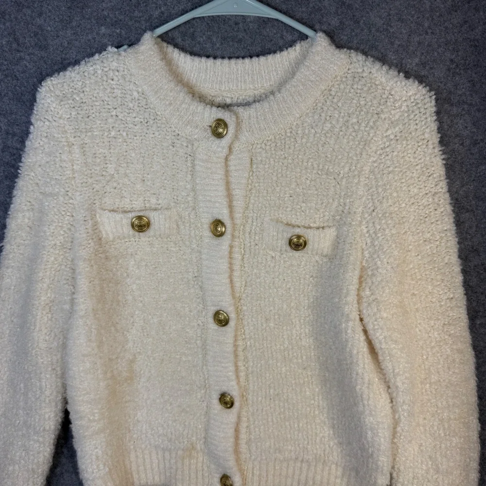 American Eagle Cream Fuzzy Gold Button Front Cardigan‎ Sweater XS Petite